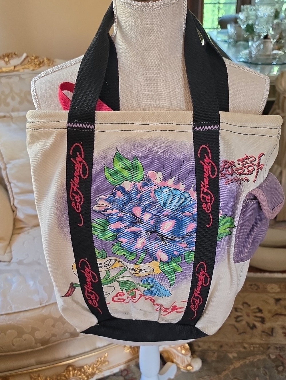 Ed Hardy Cream Canvas Tote with Purple Floral Art and Black Straps